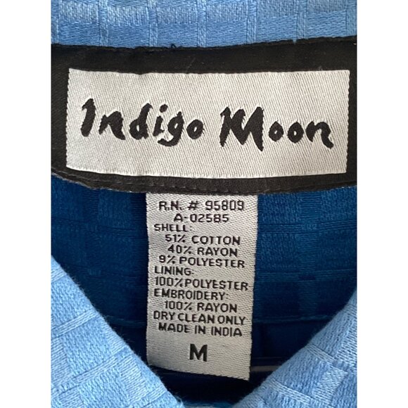 Women Indigo Moon Cotton Silk Embroidered Flower Patchwork Blue Teal Jacket  M - Picture 7 of 15